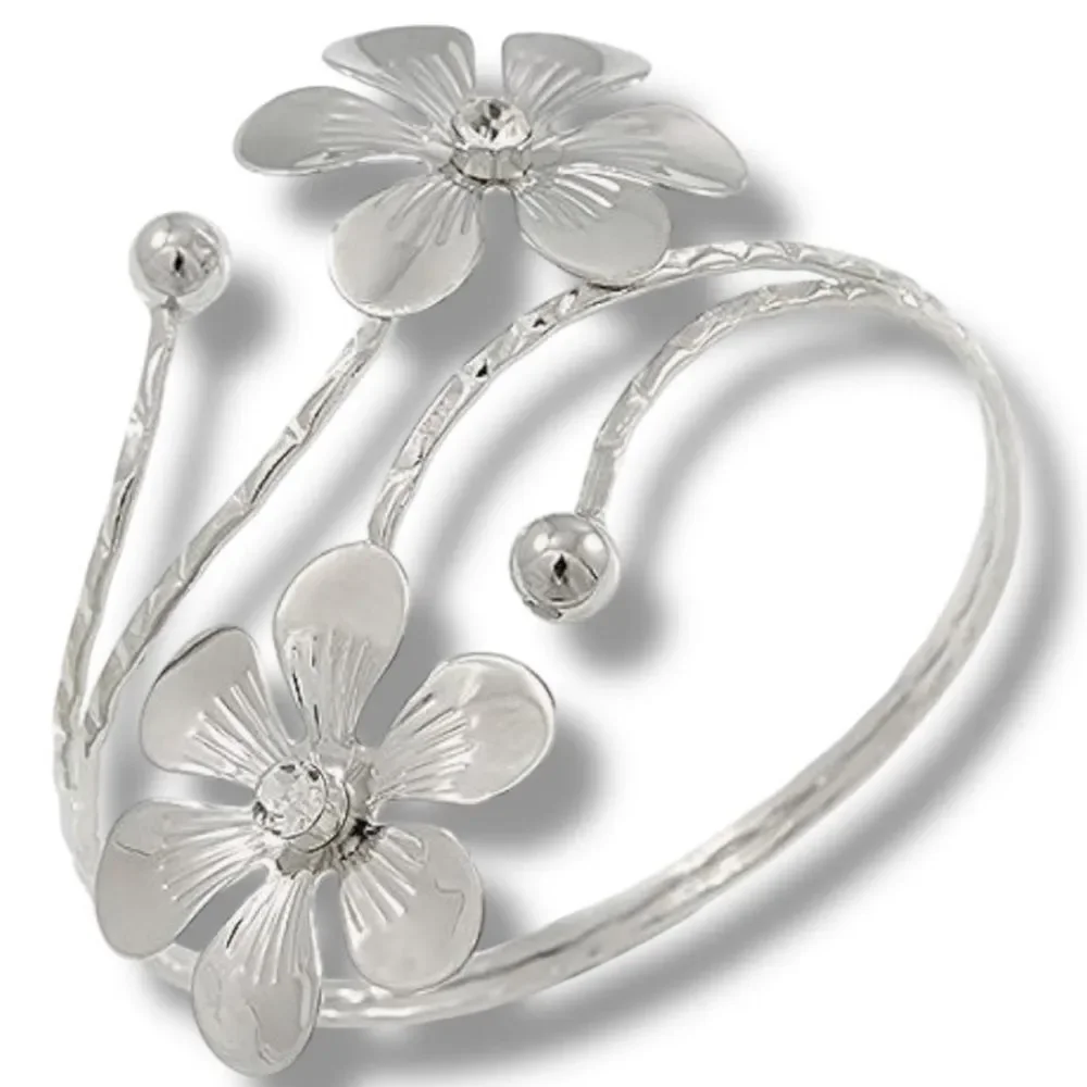 Silver Flowers Rhinestones Adjustable Arm Cuff Bracelet NEW